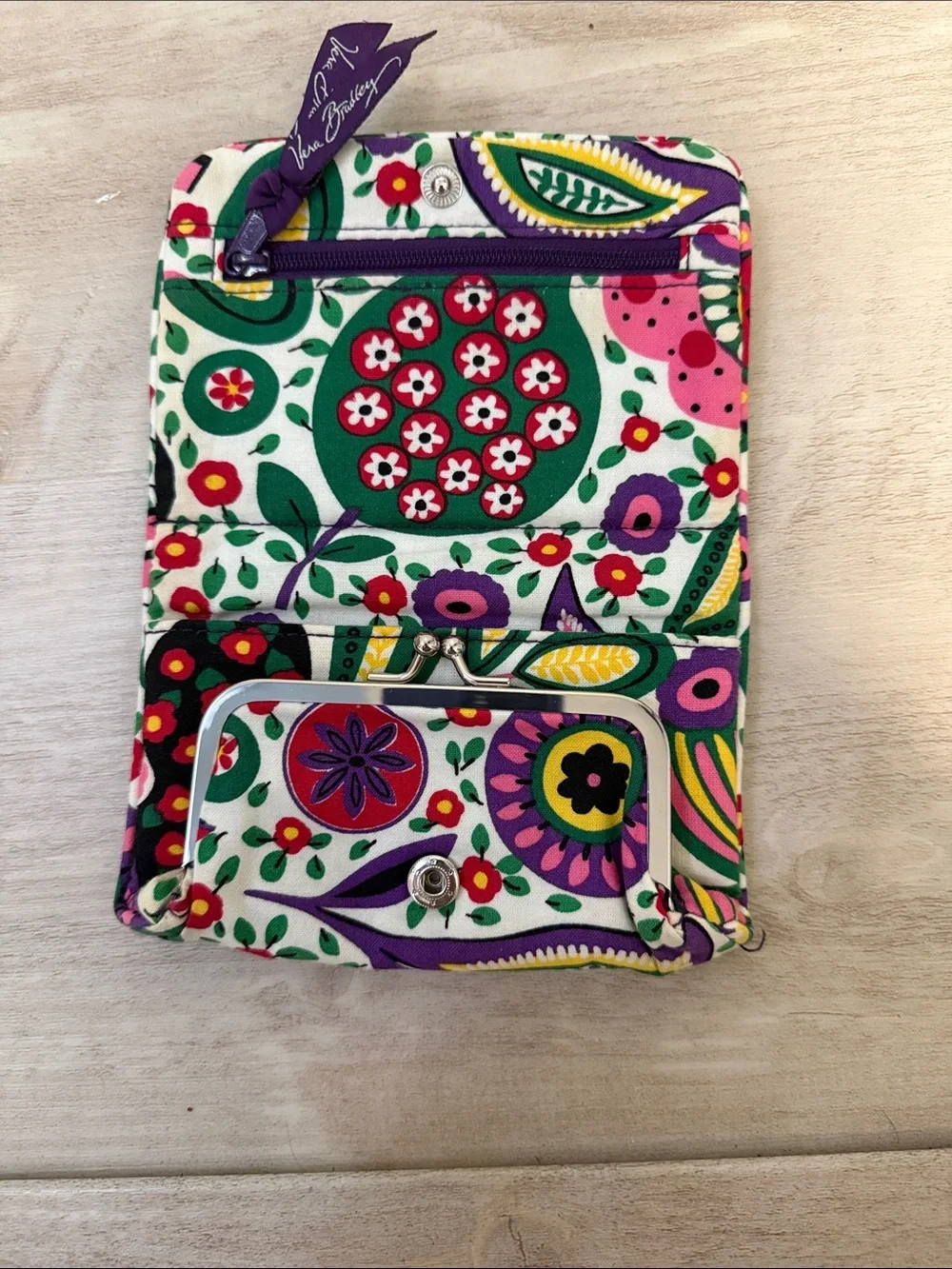 Vera Bradley Floral Quilted Zip Wallet in White, Pink, Green & Purple